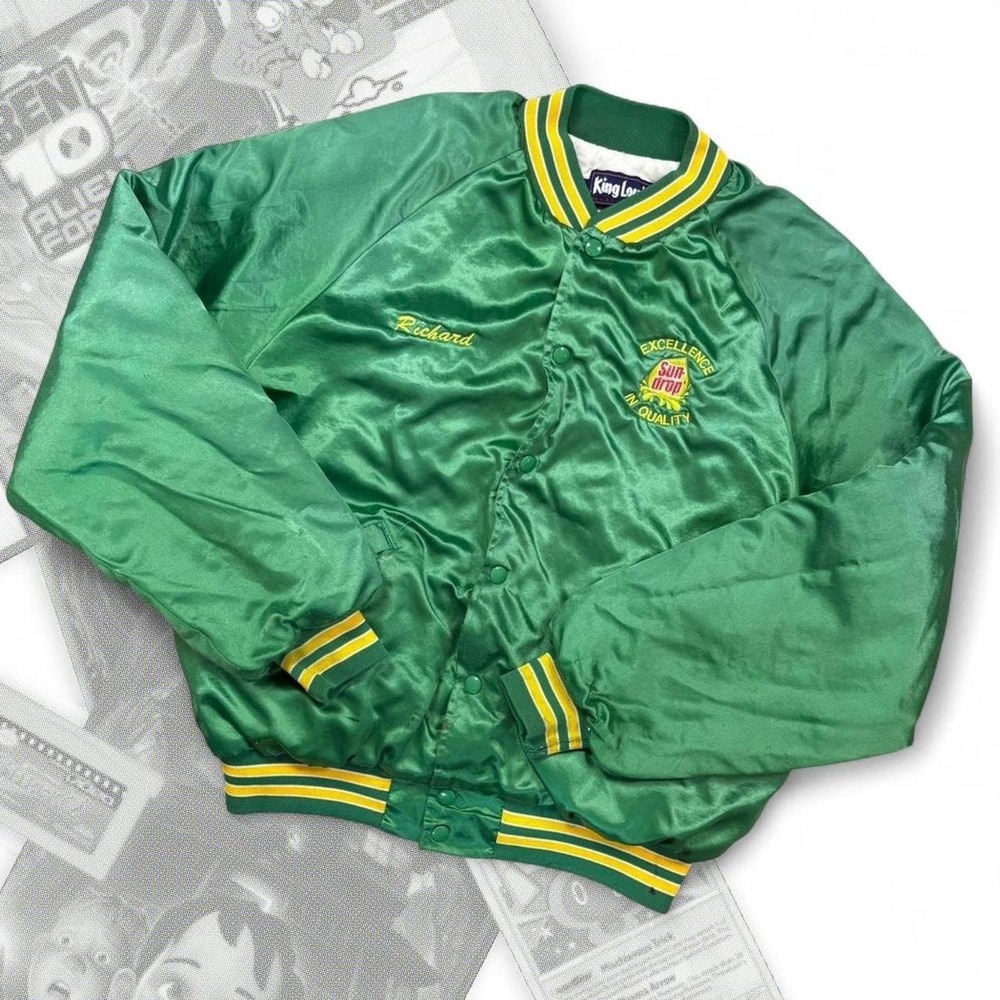 True Vintage 80s Green & Yellow Distressed King Louie Sun Drop Varsity Jacket
